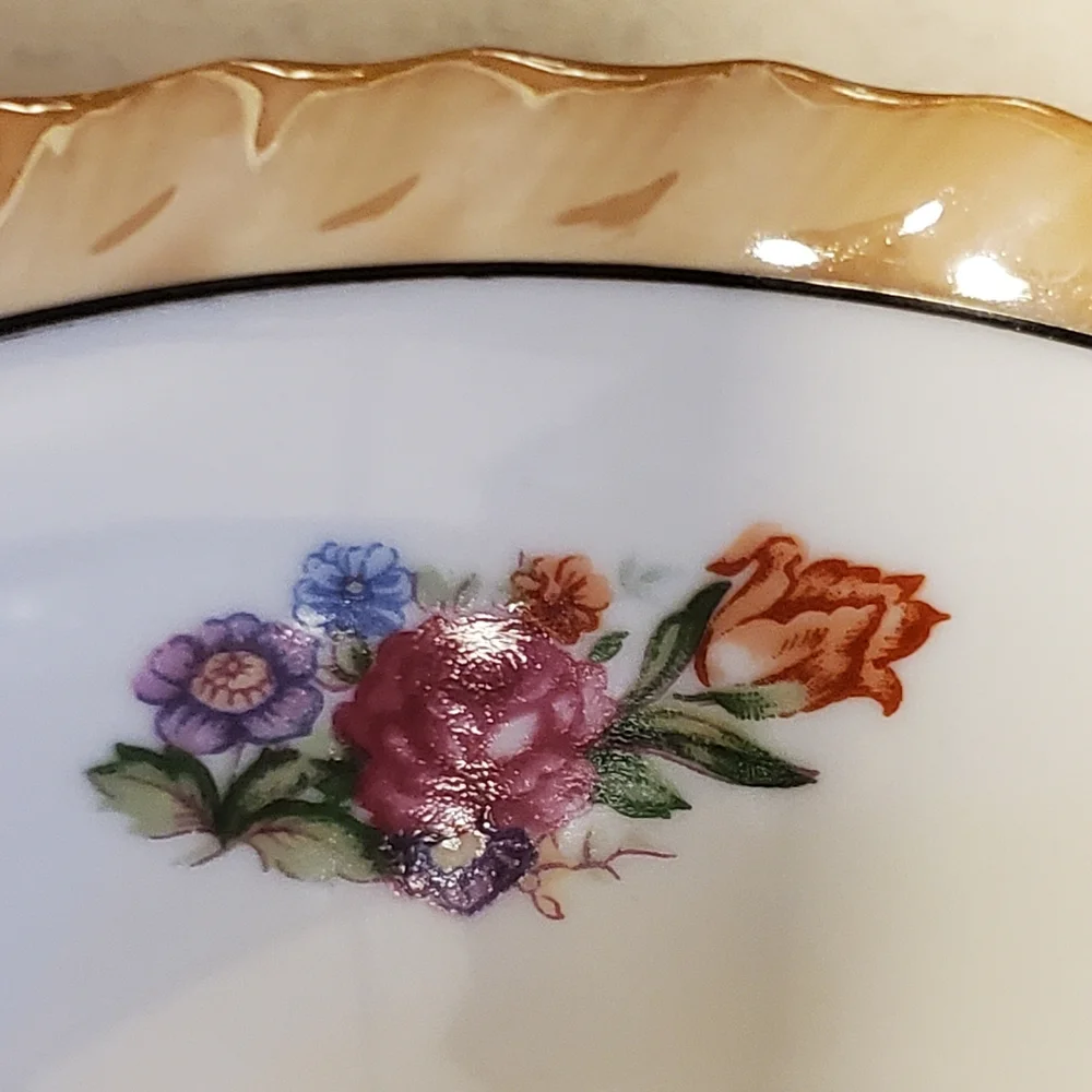 Vintage serving bowl with flowers, gold trim and holographic glaze trim